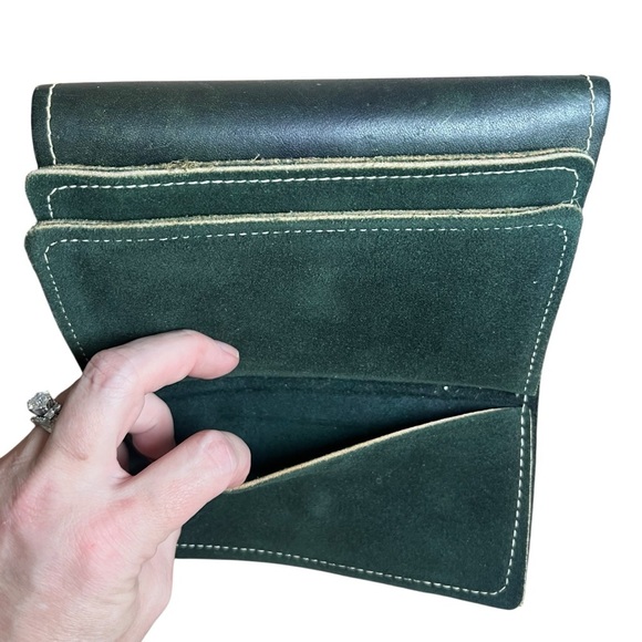 VTG 70s Leather Folding Wallet Suede Checkbook Top Grain Cowhide Green USA Made - Picture 8 of 11
